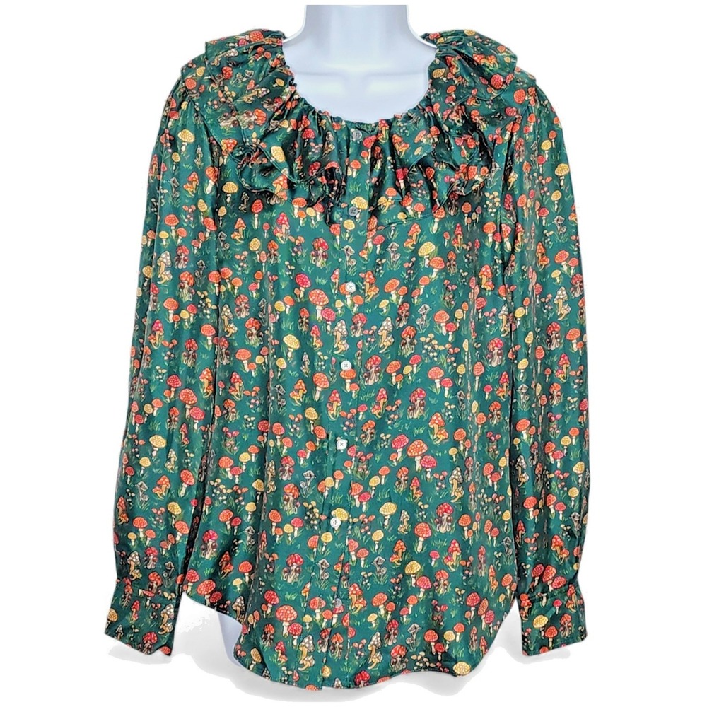 Silk Twill Mushroom Print Top J. Crew Blouse Top Cottagecore Sz. M